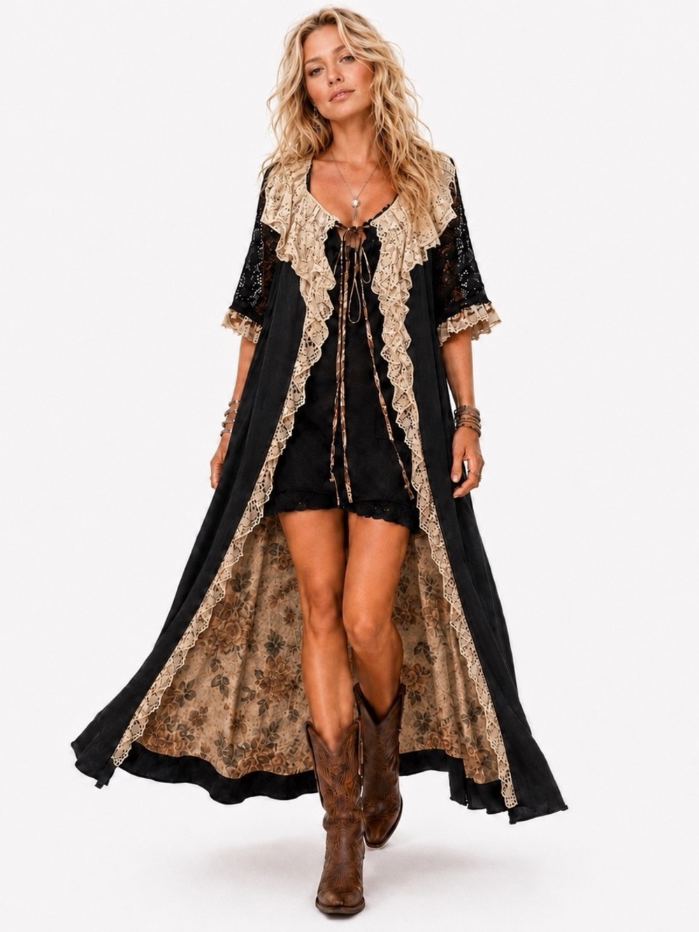 Jaded Gypsy Boho Black & Beige Lace Maxi Duster 0S